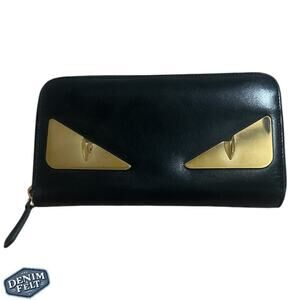 FENDI Black BUG BUGS EYE Calfskin Leather Long Zip Around Continental Wallet